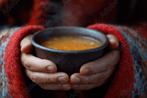 A person enjoying a warm cup of soup on a cold day, cozy, comforting