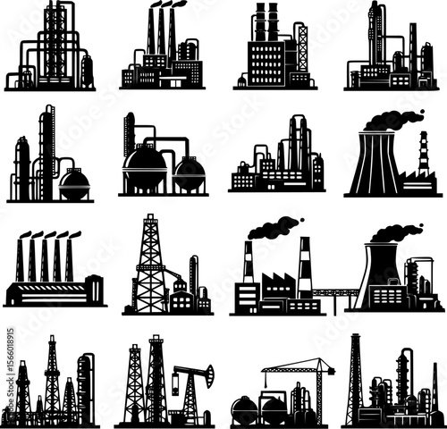 Factory, power plant industrial icons. Factory, power plant, oil refinery and oil processing plant industrial icon. EPS 10 version.