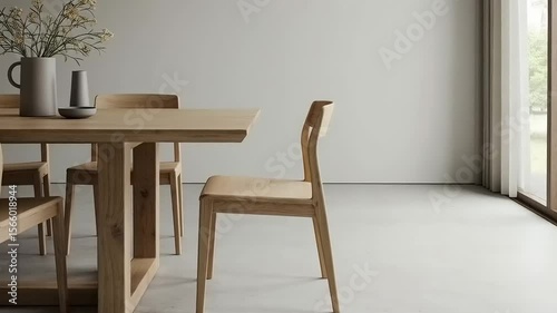 Wooden dining table and chairs in a minimalist dining room