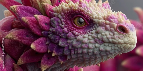 Vibrant fantasy dragon creature with pink and cream textured scales blinking its eye