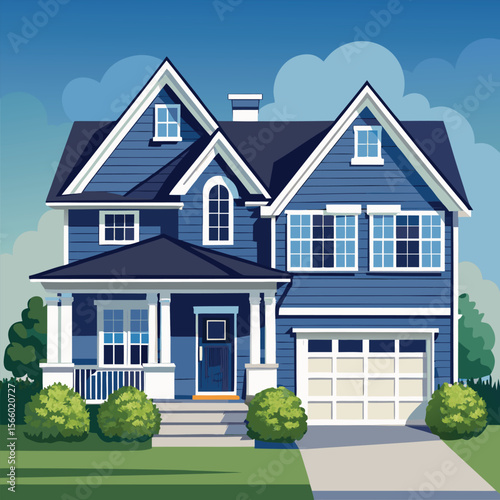 Two story navy blue house with light gray trim illustration