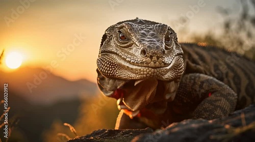 Close up of a komodo dragon sticking out its tongue at sunset