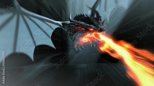 Fire Breathing Dragon Flying in Dark Abstract Space