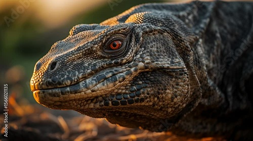 Close up of a large komodo dragon blinking its eye in natural habitat during golden hour