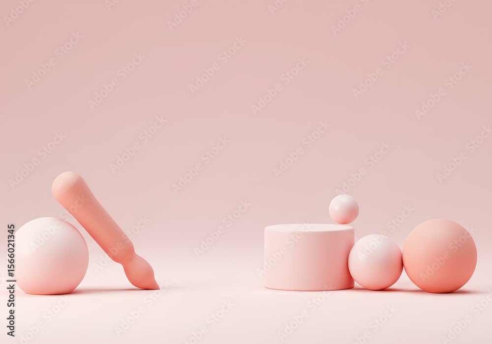 Fototapeta premium Minimalist Pink Still Life: Spheres Cylinder and Brush in Soft Light.