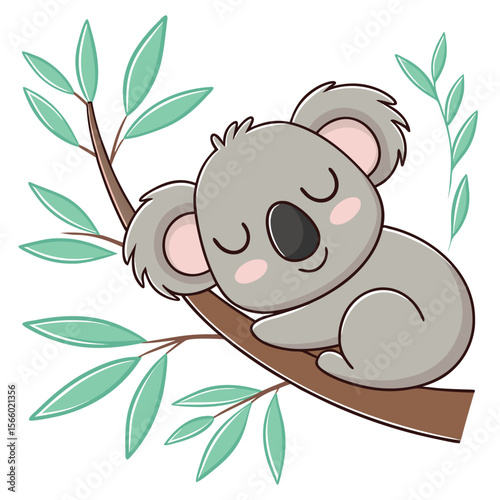 Adorable Sleeping Koala Bear on Eucalyptus Tree Branch