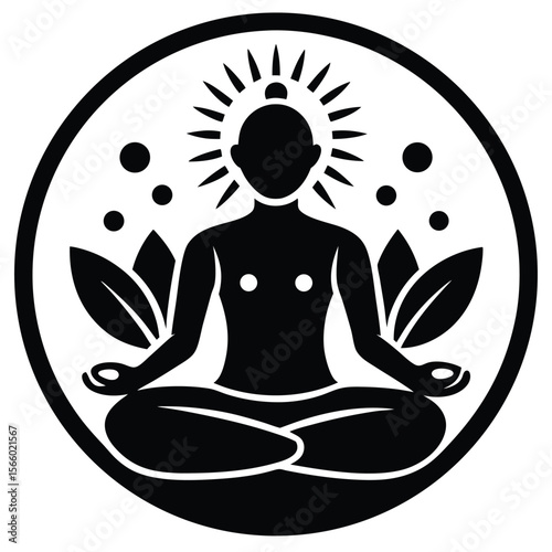 Silhouette of a person meditating in a lotus position with a radiant halo and leaves