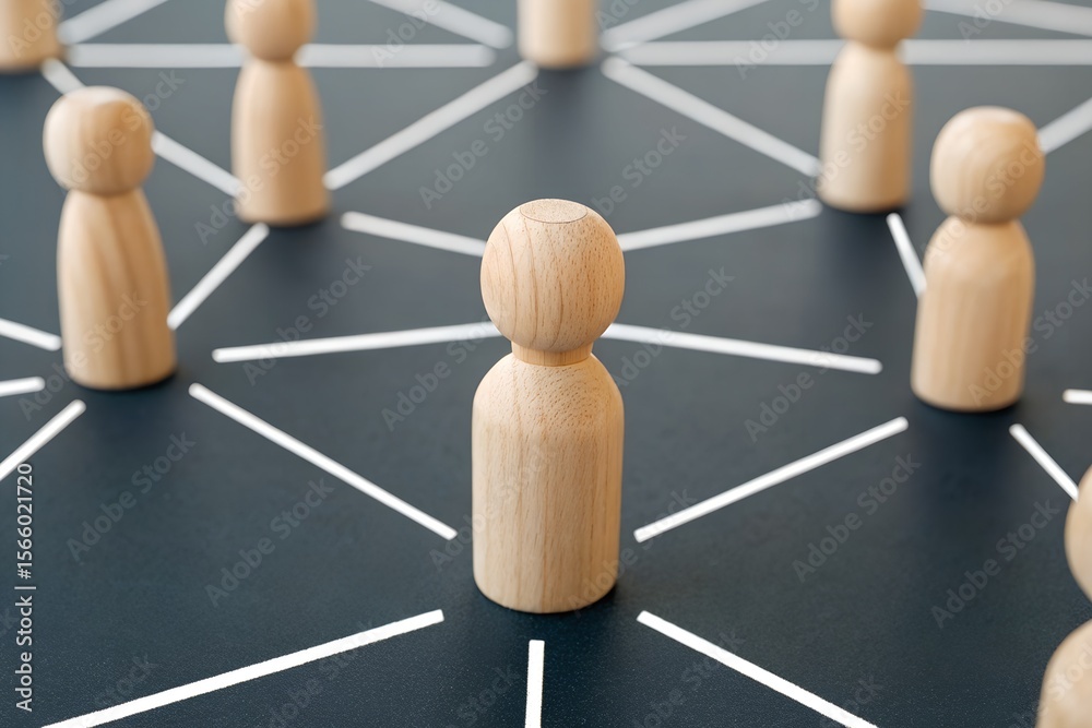 Obraz premium Connected Wooden Figurines on Dark Surface with Network Lines