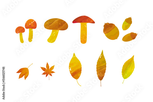 水彩風の秋の素材セット　紅葉した落ち葉、どんぐり、キノコのベクターイラスト