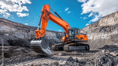 A large yellow excavator moving stone or soil in a quarry. Heavy construction hydraulic equipment. Excavation