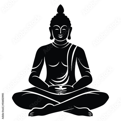 Stylized black silhouette of buddha meditating in lotus pose
