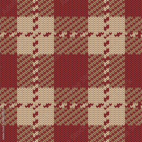 Classic red brown plaid knitted seamless pattern. Cozy winter knit fabric design. Tartan knitted plaid vector, background.
