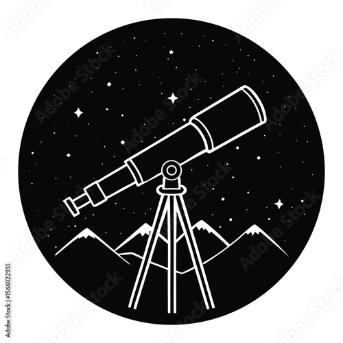 Telescope on tripod observing starry night sky over mountains