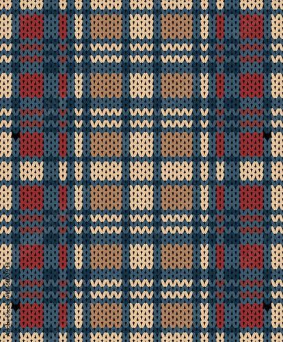 Cozy knit tartan seamless pattern. Knitted plaid pattern dark blue, red, beige. Woven plaid texture background with knitted stitches