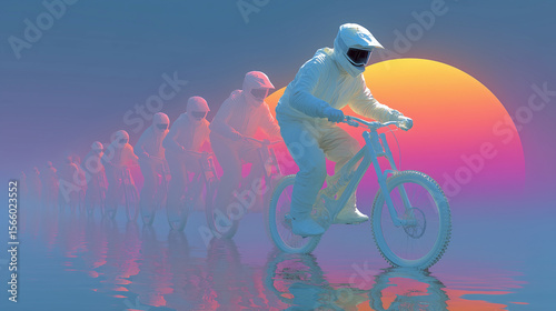 Surreal Cyclists Riding Over Water at Neon Sunset