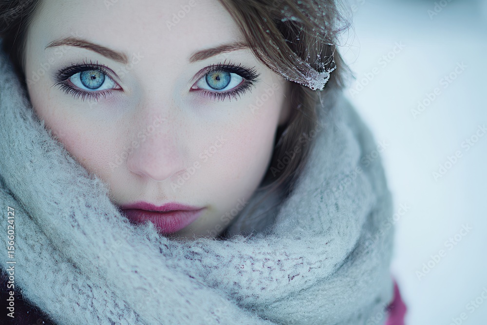 A captivating portrait of a woman with striking blue eyes, wrapped in a warm scarf on a cold winter day. Serene beauty in winter's embrace. A captivating portrait of a woman with striking blue eyes, wrapped in a warm scarf on a cold winter day. Serene beauty in winter's embrace.