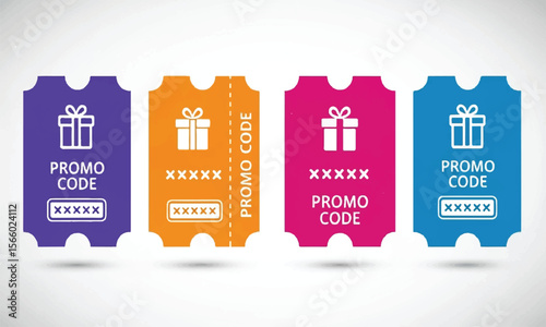 Colorful promo code coupon tickets with gift box icon