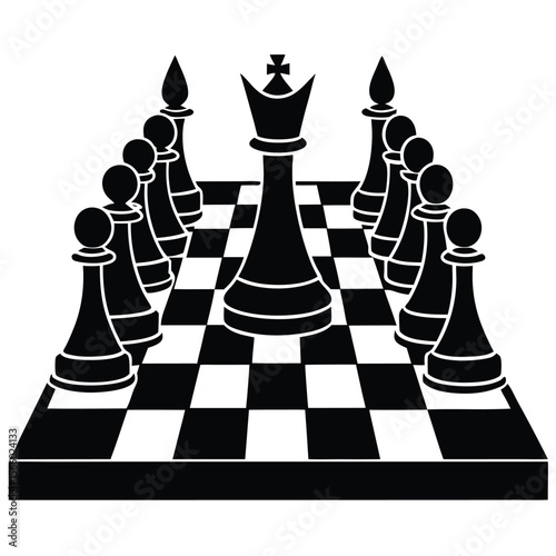 Black chess king and pawns arranged on a chessboard in a graphic illustration