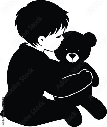Child hugging teddy bear black and white vector illustration