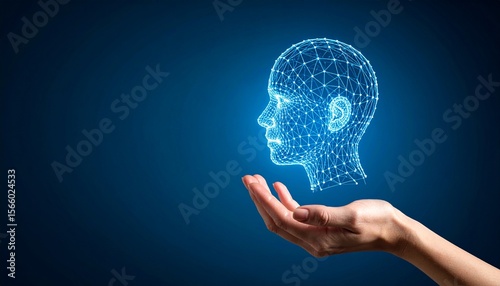 A 3D wireframe AI head-shaped object floats above your hand
