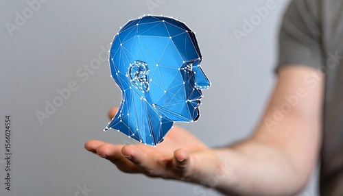 A 3D wireframe AI head-shaped object floats above your hand

