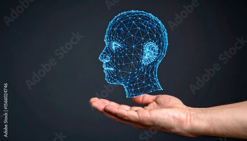 A 3D wireframe AI head-shaped object floats above your hand
