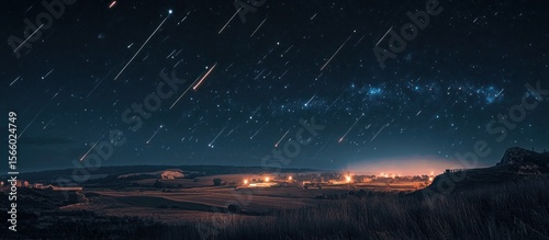 Night sky ablaze with shooting stars over a rural landscape.  Small town lights twinkle below