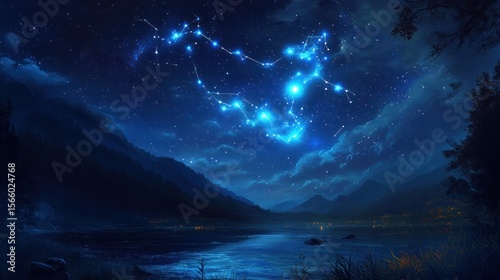 Night sky, bright constellation above a lake, mountain backdrop