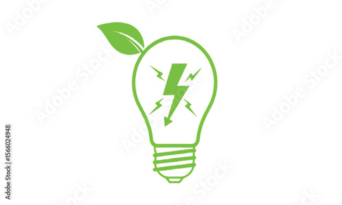 Green light bulb with leaf and lightning bolt symbol on white background