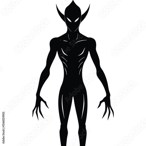 Silhouette of a slender alien creature with pointed ears and sharp claws