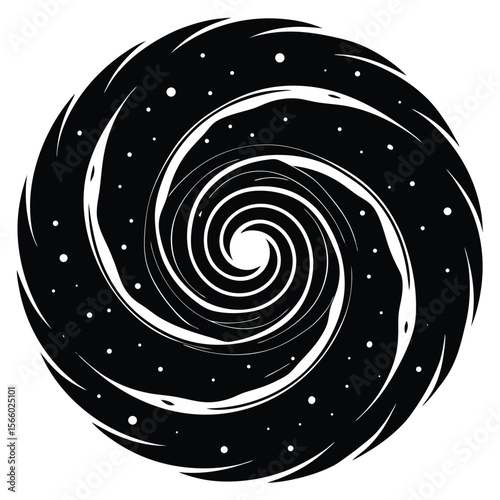 Abstract black and white swirling vortex with scattered white dots