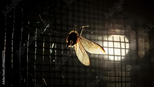 Mosquito silhouette behind a window screen