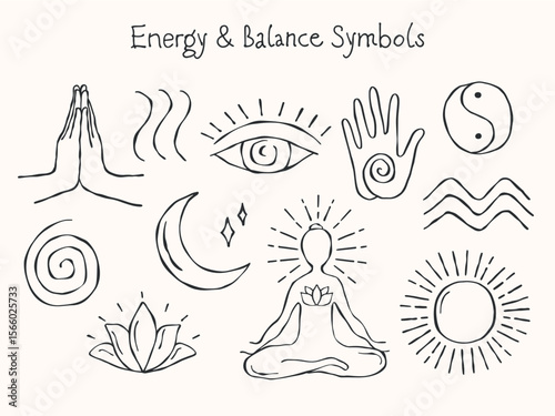Minimal hand-drawn outline vector set of energy and balance symbols. Includes waves, spiral, yin-yang, breathing lines, hand with energy point, energy circle, namaste gesture, moon, meditating figure