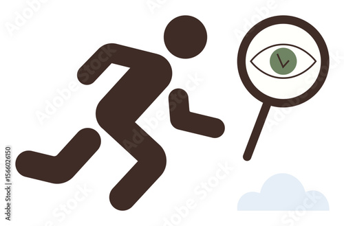 Human silhouette hurrying toward magnifying glass with eye inside, indicating vision, insight, or clarity. Ideal for concepts thumbs up focus, goal-setting, productivity, determination