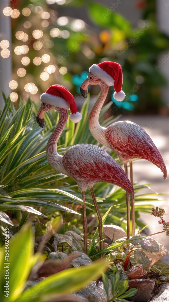 Fototapeta premium Tropical Christmas Cheer: Flamingo Santa Garden