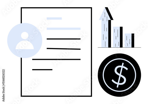 Resume paper, profile icon, bar graph with upward arrow, and dollar sign coin. Ideal for career growth, job application, finance, business success, HR recruitment simple landing page