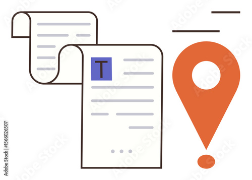 Rolled document pages with text beside an orange location pin. Ideal for navigation, data sharing, document processing, file tracking, workflow, logistics, and business organization. Simple flat