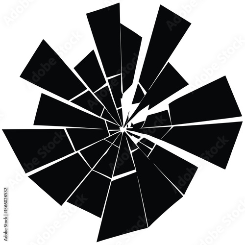 Abstract black shattered glass pattern radiating outwards on white background