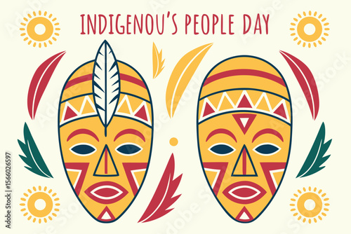 Indigenous People's Day Illustration with Tribal Masks and Sun Symbols