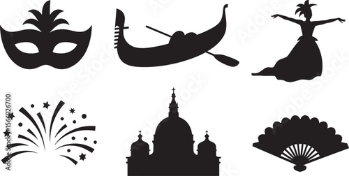 Italian carnival icons Venice mask gondola dancer church firework fan silhouette vector celebration