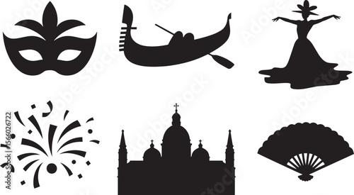 Venice carnival symbols Italian mask gondola dancer fireworks cathedral fan celebration icons vector