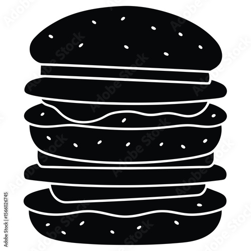 Stylized black silhouette of a tall stacked burger with sesame seeds