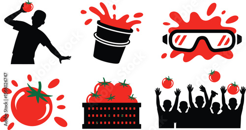 Spanish La Tomatina icons tomato throwing splash goggles basket people celebration vector artwork