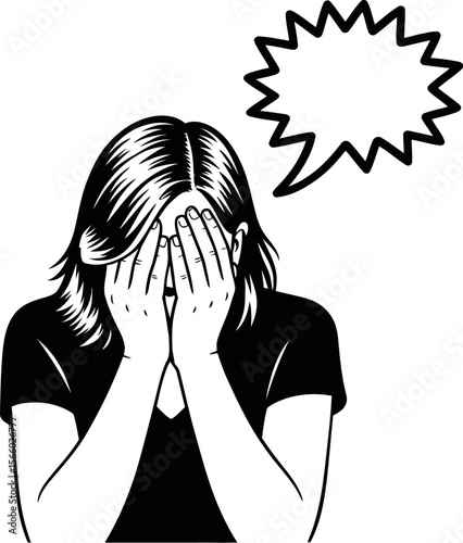 Woman covering face with hands feeling stressed anxious with speech bubble illustration art style