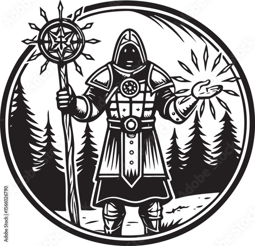Vector cartoon illustration of a vintage pirate warrior with a sword symbol