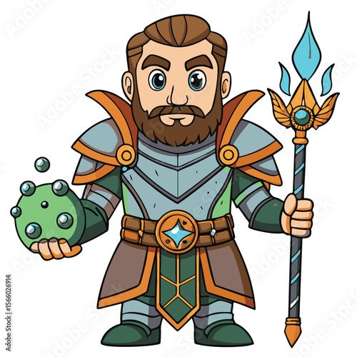 Funny cartoon illustration of a cute blue knight warrior with a sword and hat