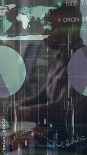 Animation of infographic interface and connected dots over diverse coworkers working on computers