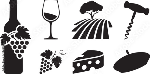 French wine culture symbols cheese vineyard glass corkscrew beret grapes bottle icons illustration