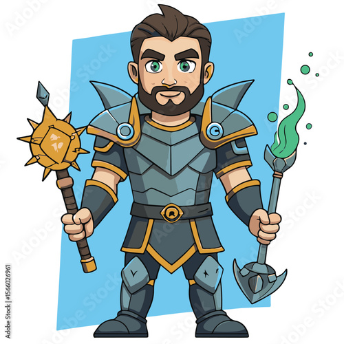 Cartoon vector illustration of an angry superhero warrior with a gun and sword