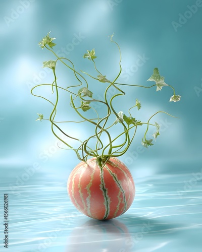 a watermelon with interwoven Thai vines pattern, floating over water reflection, surreal style stock image.
